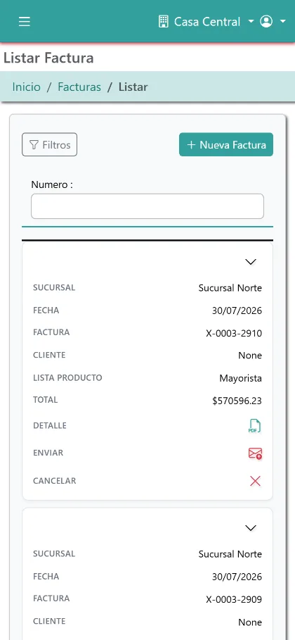 Listado de facturas en el celular