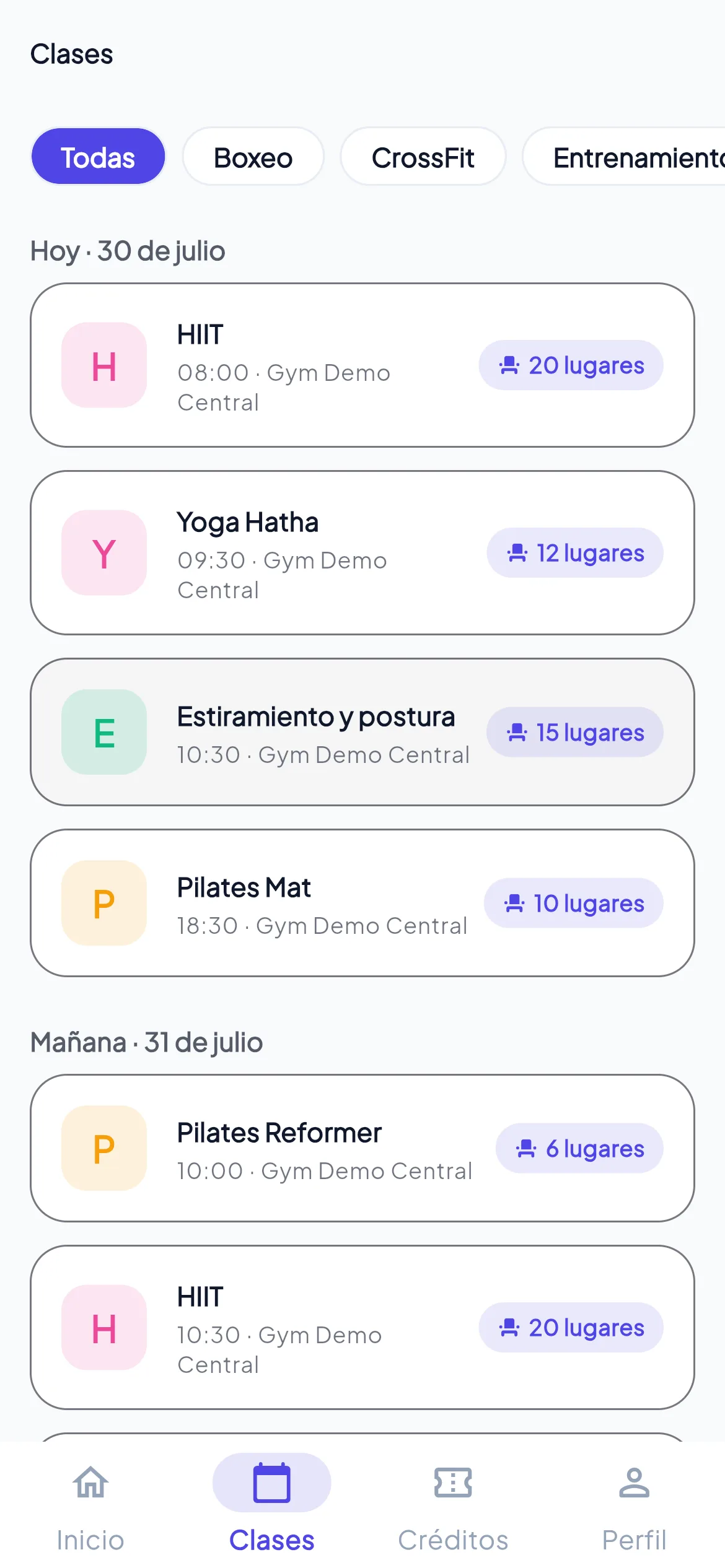 Calendario de clases en la app del socio
