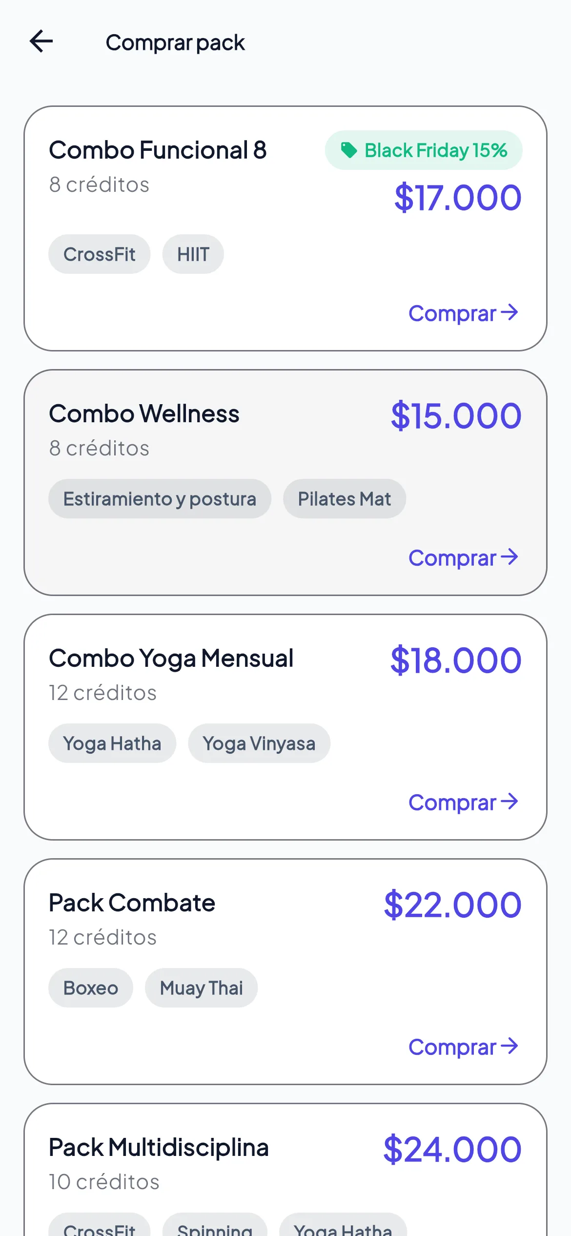 Catálogo de packs con promoción en la app