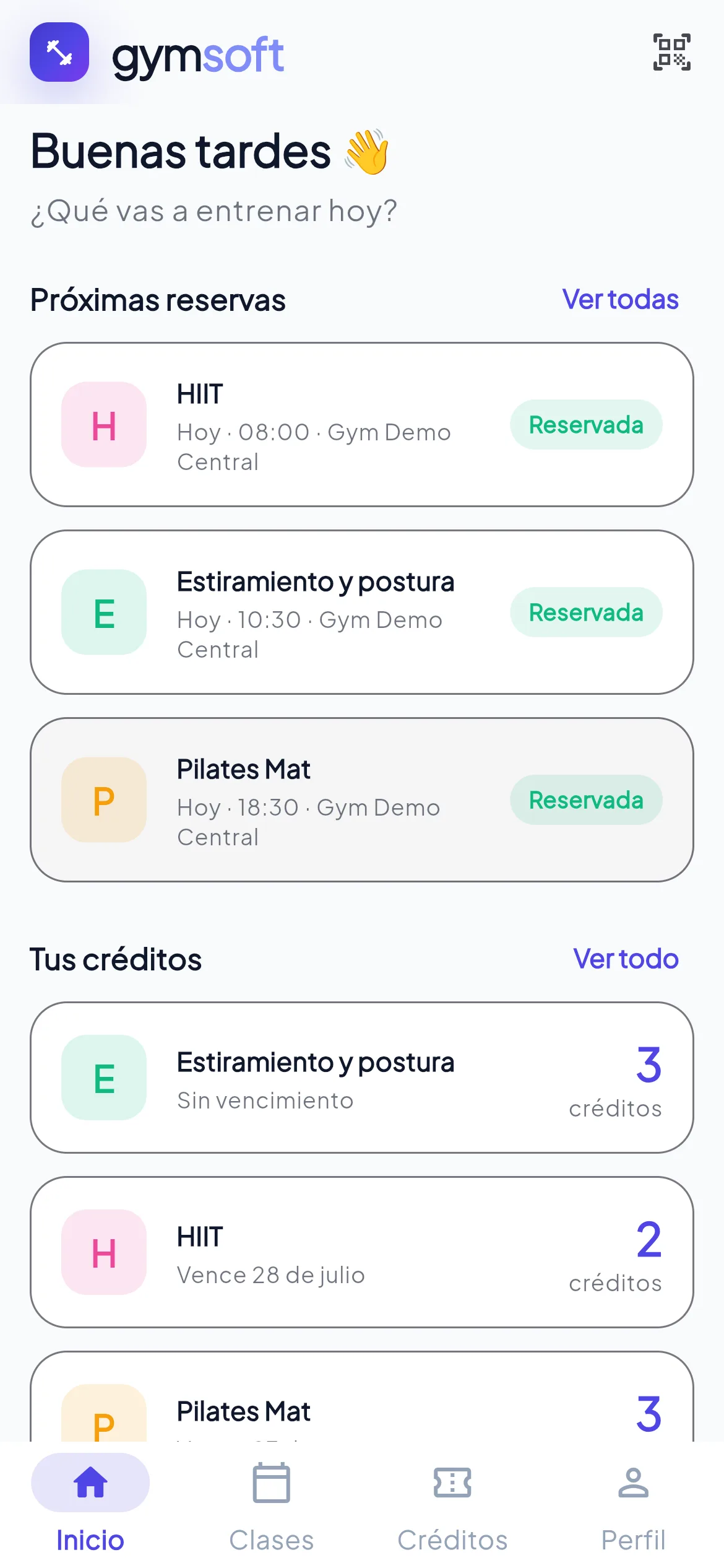 App del socio: próximas reservas y créditos