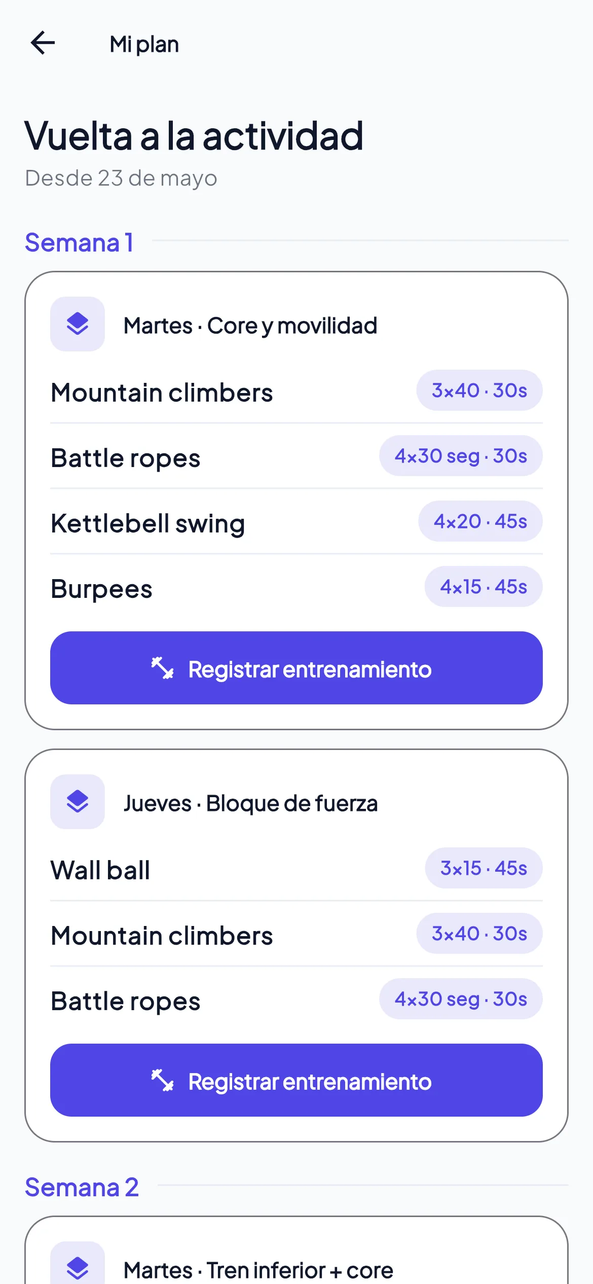 Plan de entrenamiento por semanas en la app