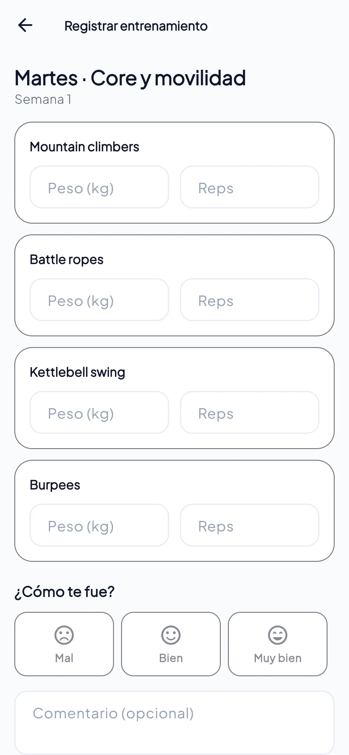 Registro de peso, reps y percepción del entrenamiento