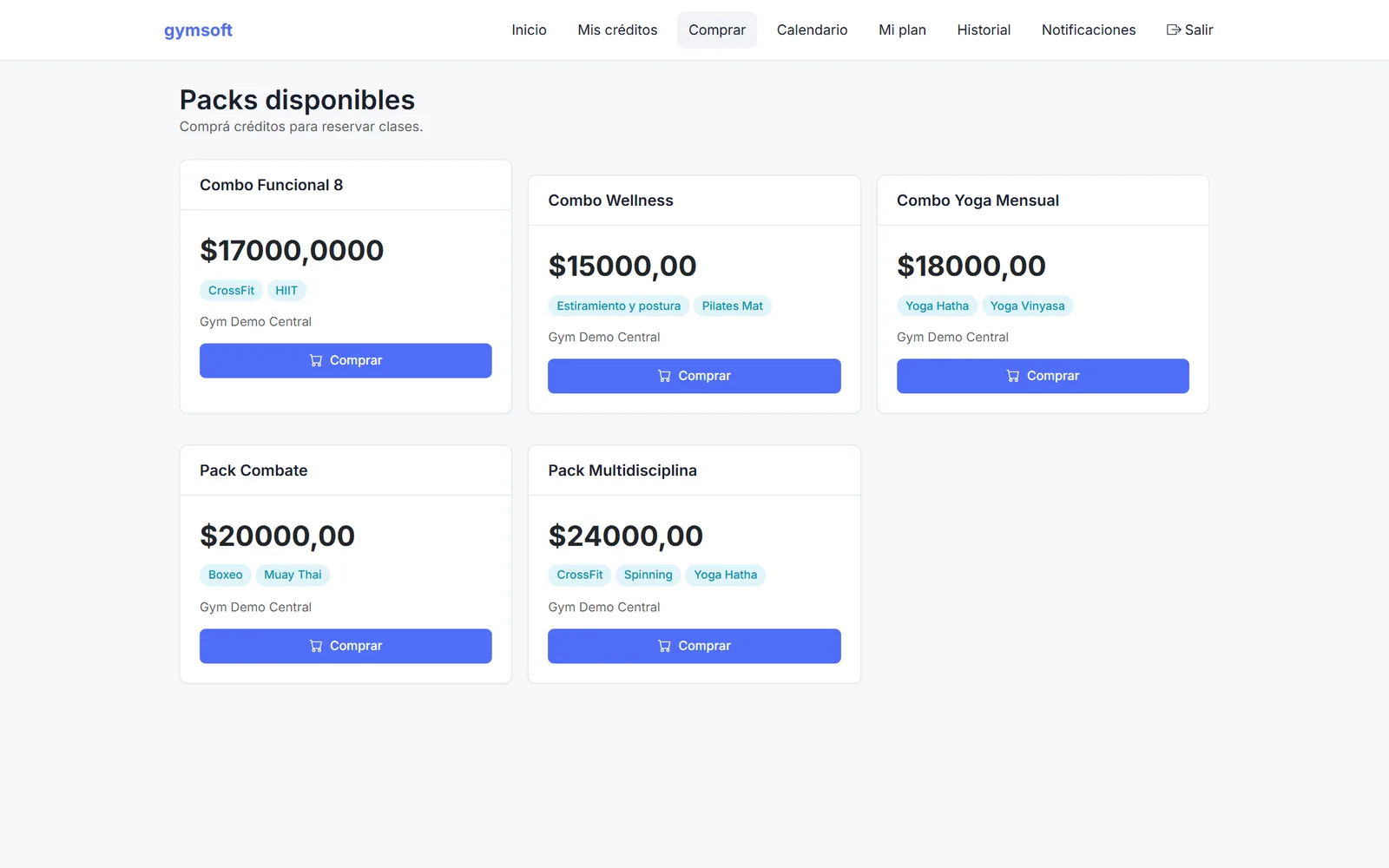 Compra de packs en el portal del socio