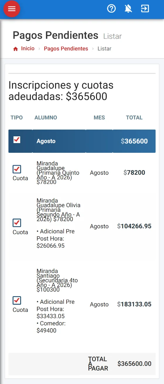 Deuda del alumno en la app del tutor
