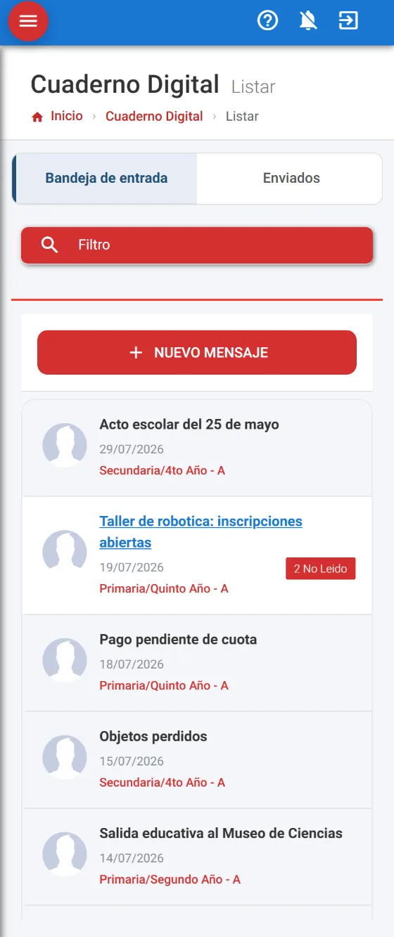 Cuaderno digital en la app del tutor