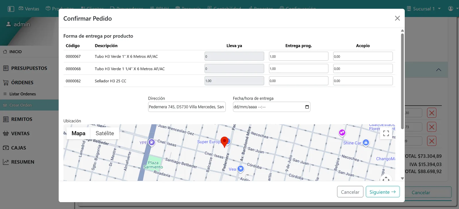 Confirmación de pedido con forma de entrega por producto y ubicación en el mapa