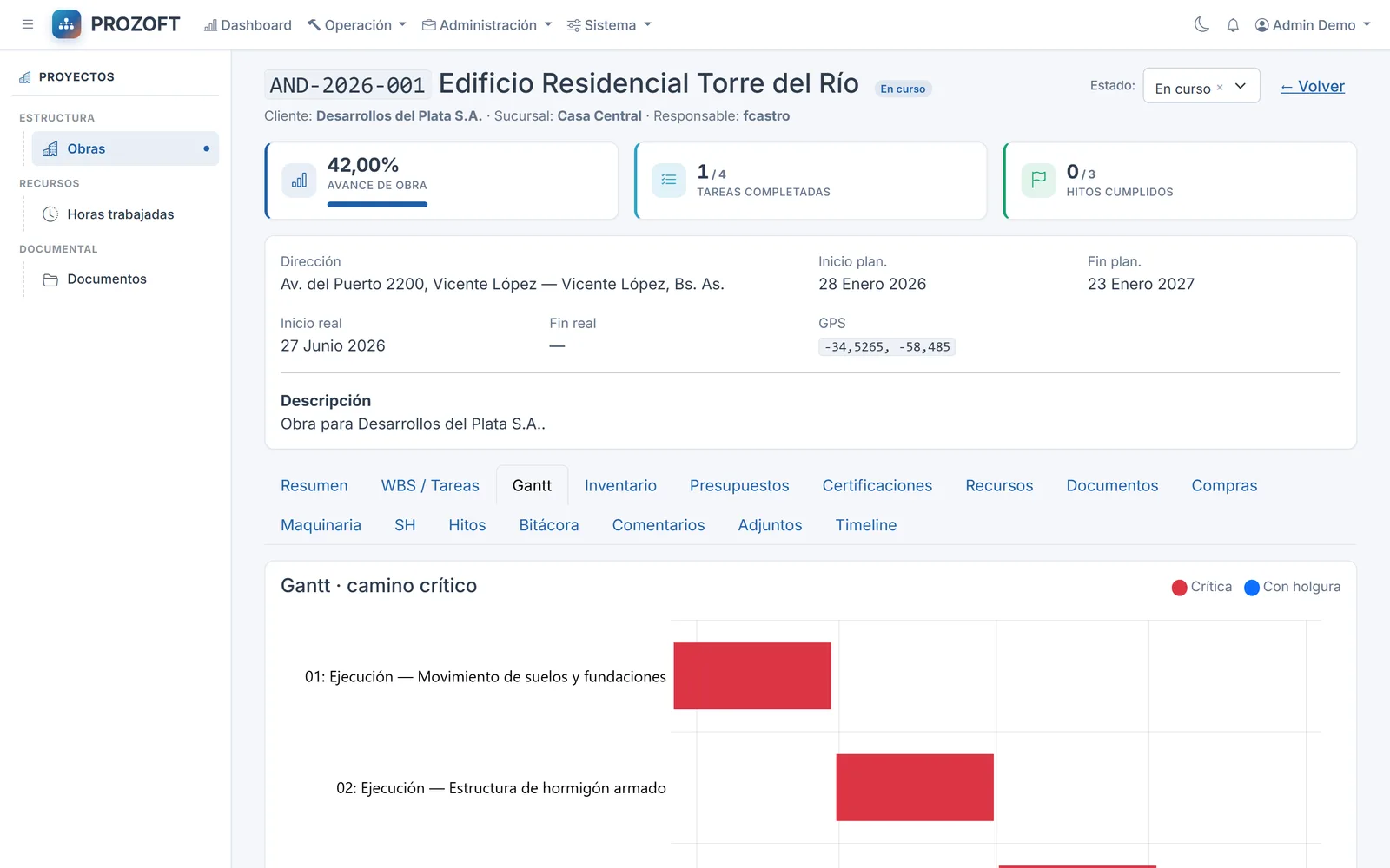 Gantt con camino crítico automático